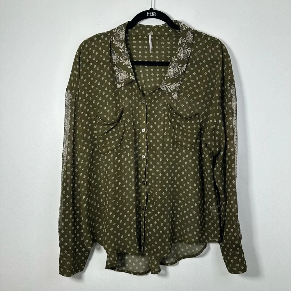 Free People Women’s Easy Rider Printed Button Down Sheer Blouse Size M